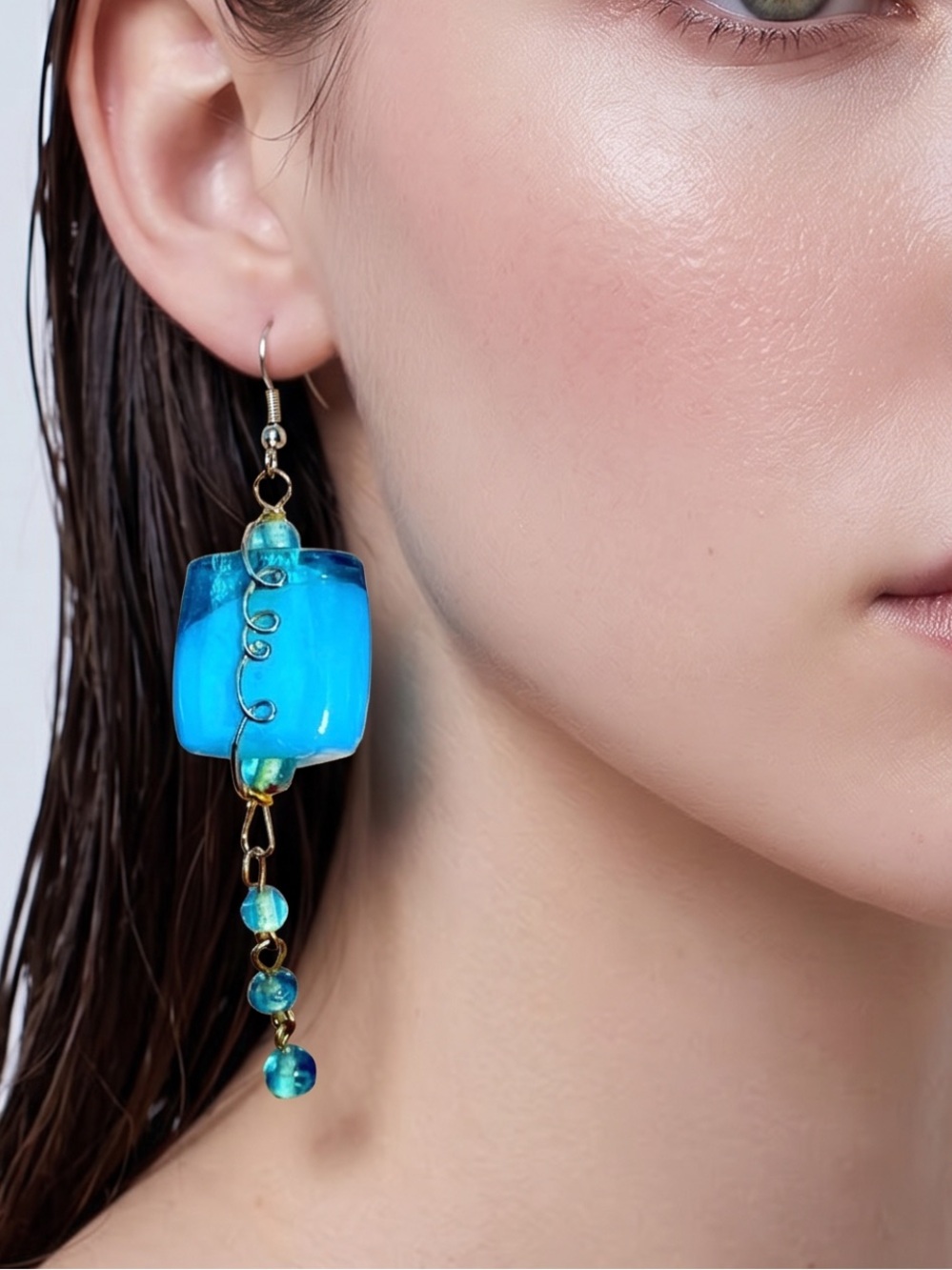 HANDCRAFTED EARRINGS Pierced Sea Blue Glass Beads Coastal Chic Dangle Drop